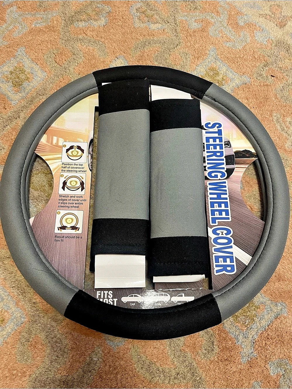 Modernistic Steering Wheel Cover and Seat Belt Pads Set Gray & Black